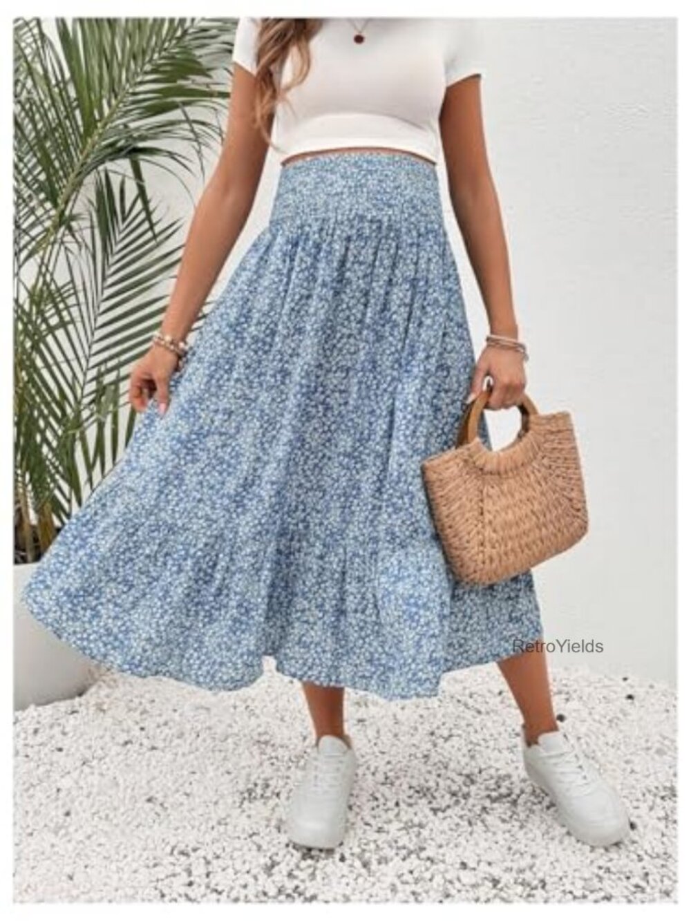 Maternity Floral Midi Skirt - Shirred High Waisted Flowy Casual Pregnancy Skirt - Picture 4 of 6